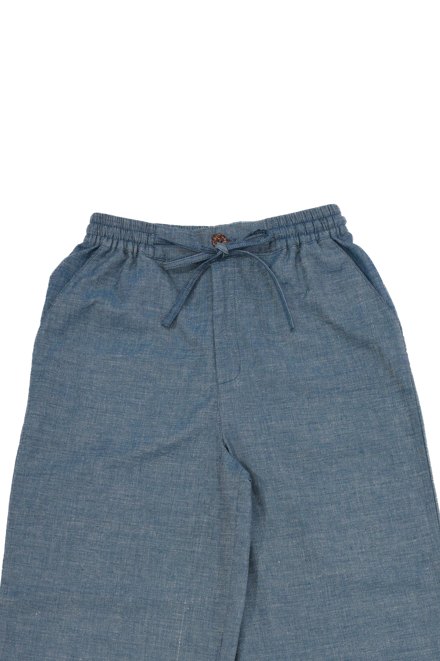 Plains Design Billie Denim Pants – waistband with a drawstring of handwoven denim wide-leg pants, sustainable fashion India
