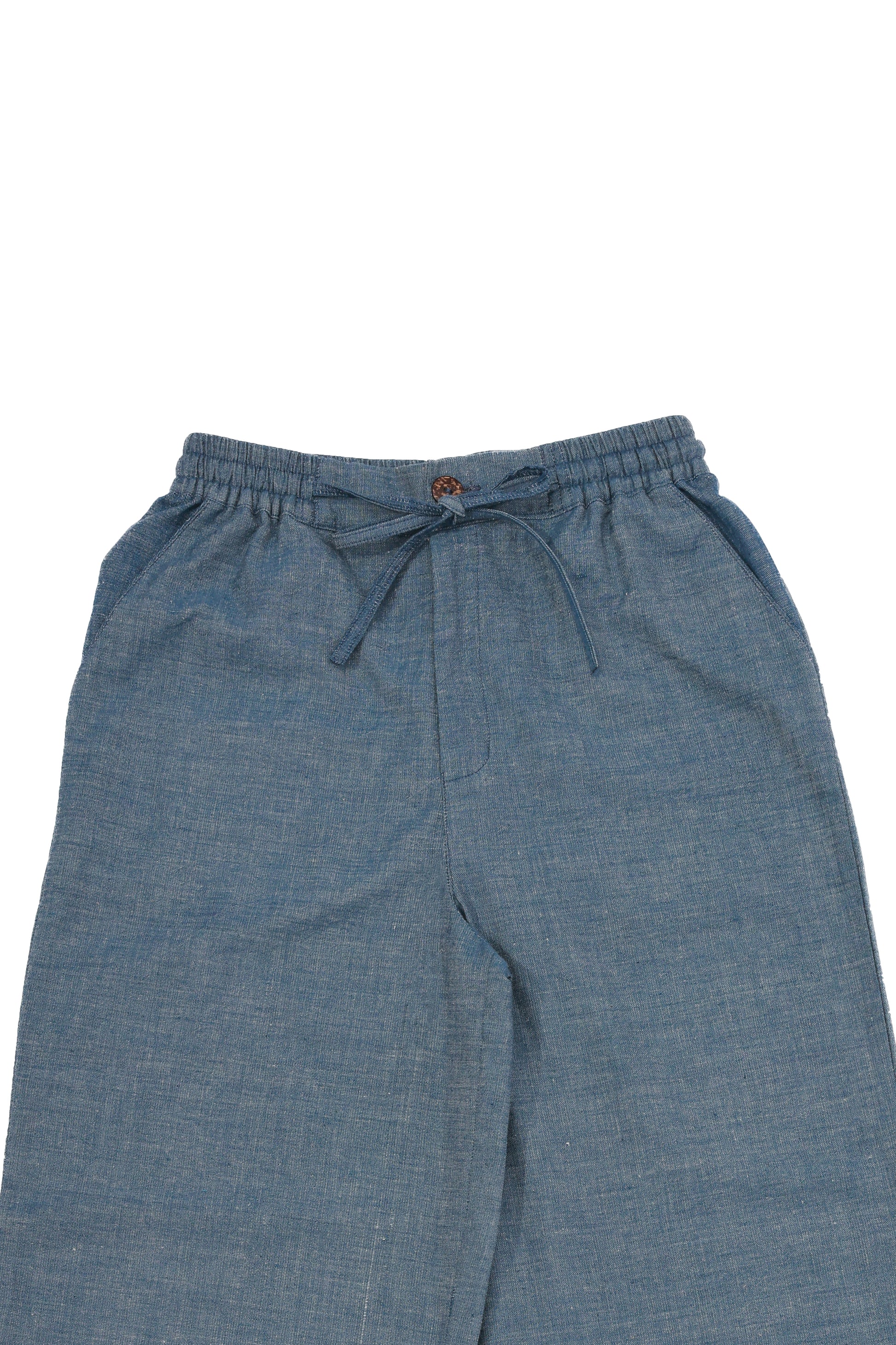 Plains Design Billie Denim Pants – waistband with a drawstring of handwoven denim wide-leg pants, sustainable fashion India