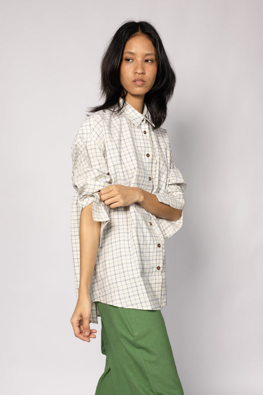 Plains Design Letter Shirt – handspun handwoven cotton oversized check shirt in cream and blue grid, relaxed fit with dropped shoulders, wooden buttons