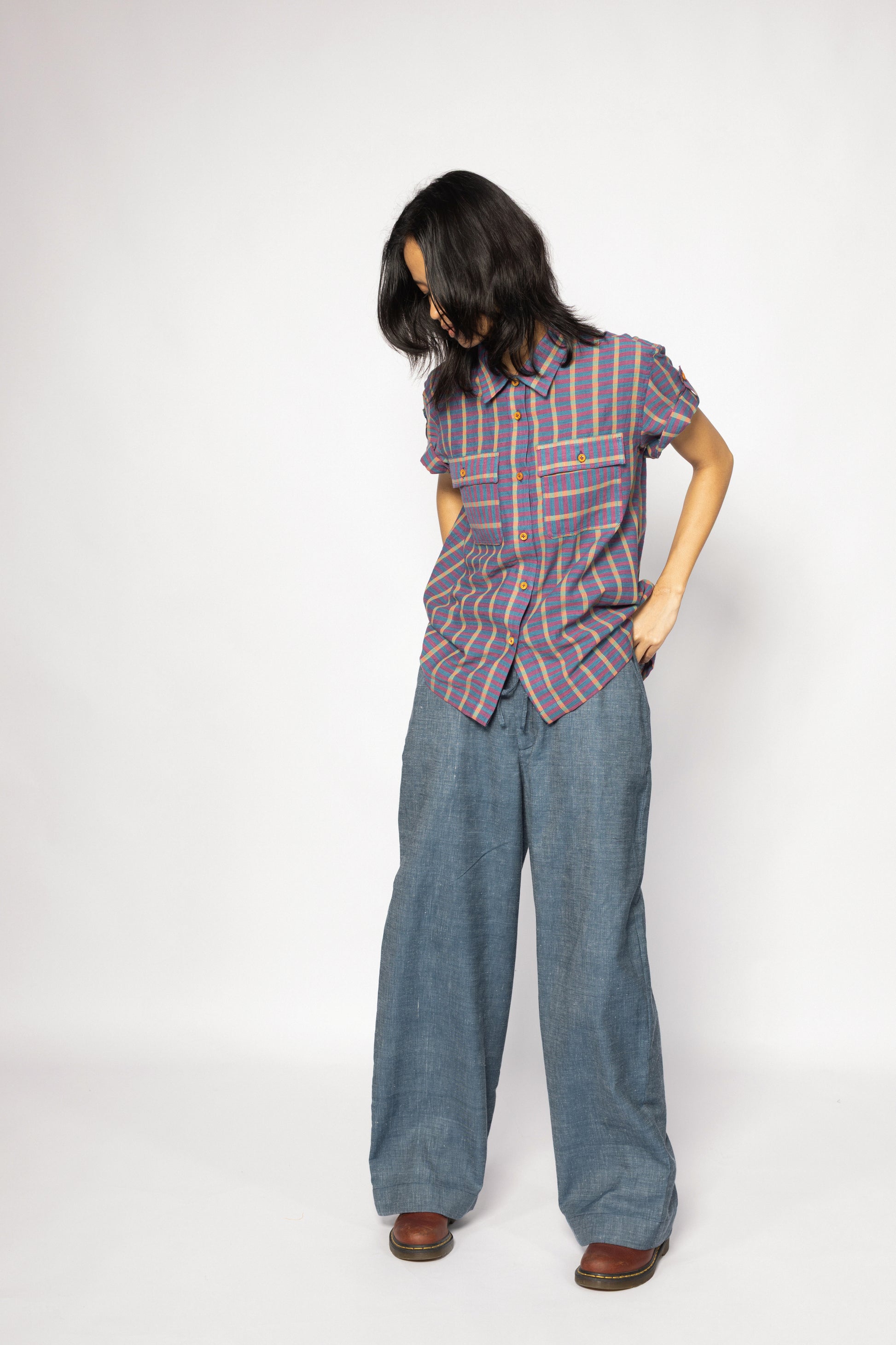Plains Design Billie Denim Pants – full-length front view of handwoven cotton denim oversized wide-leg pants with elasticated waist, side pockets, and drawstring