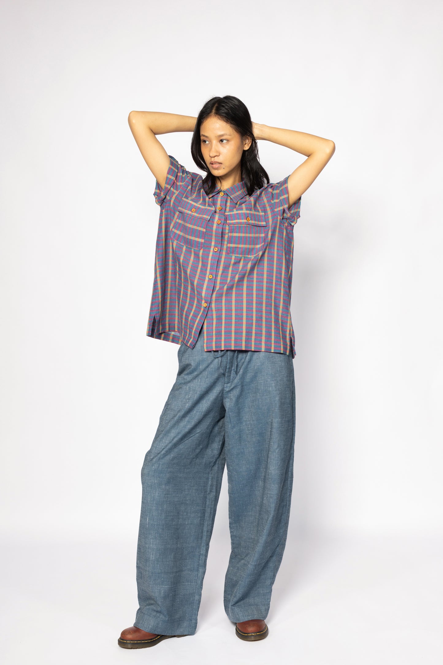 Plains Design Billie Denim Pants – full-length view of wide-leg handwoven cotton denim pants, relaxed silhouette, ethical slow fashion from India
