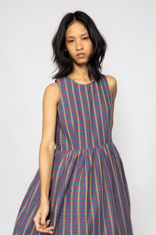 Plains Design Ralfi Dress – handwoven handspun cotton sleeveless dress in multicolour stripe, relaxed easy shape, front view close-up