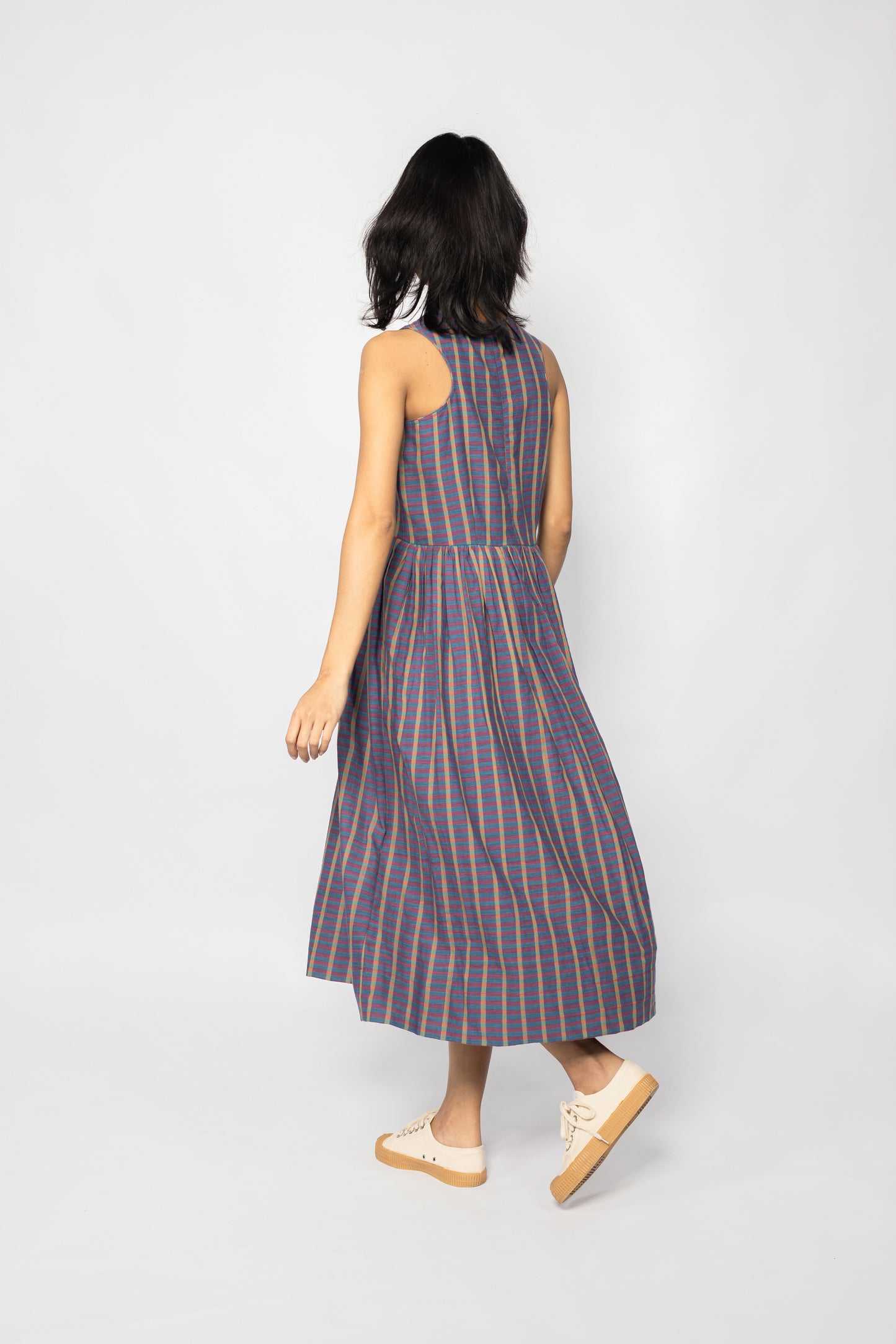 Plains Design Ralfi Dress – back view showing racer back cut of handwoven cotton stripe midi dress, fully lined