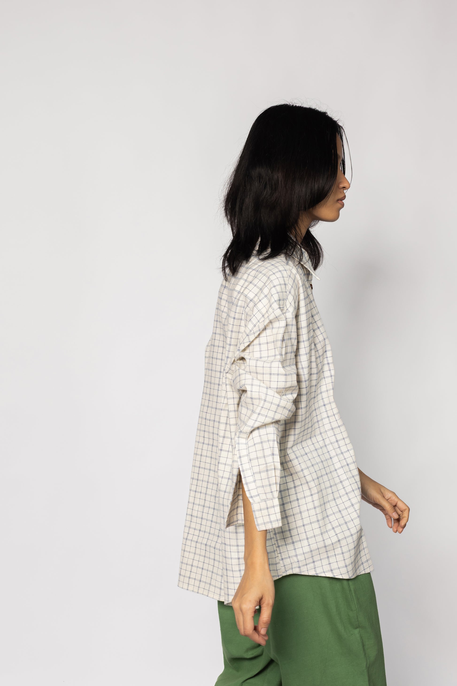 Plains Design Letter Shirt – full length front view, handwoven cotton check shirt styled with sage green wide leg pants