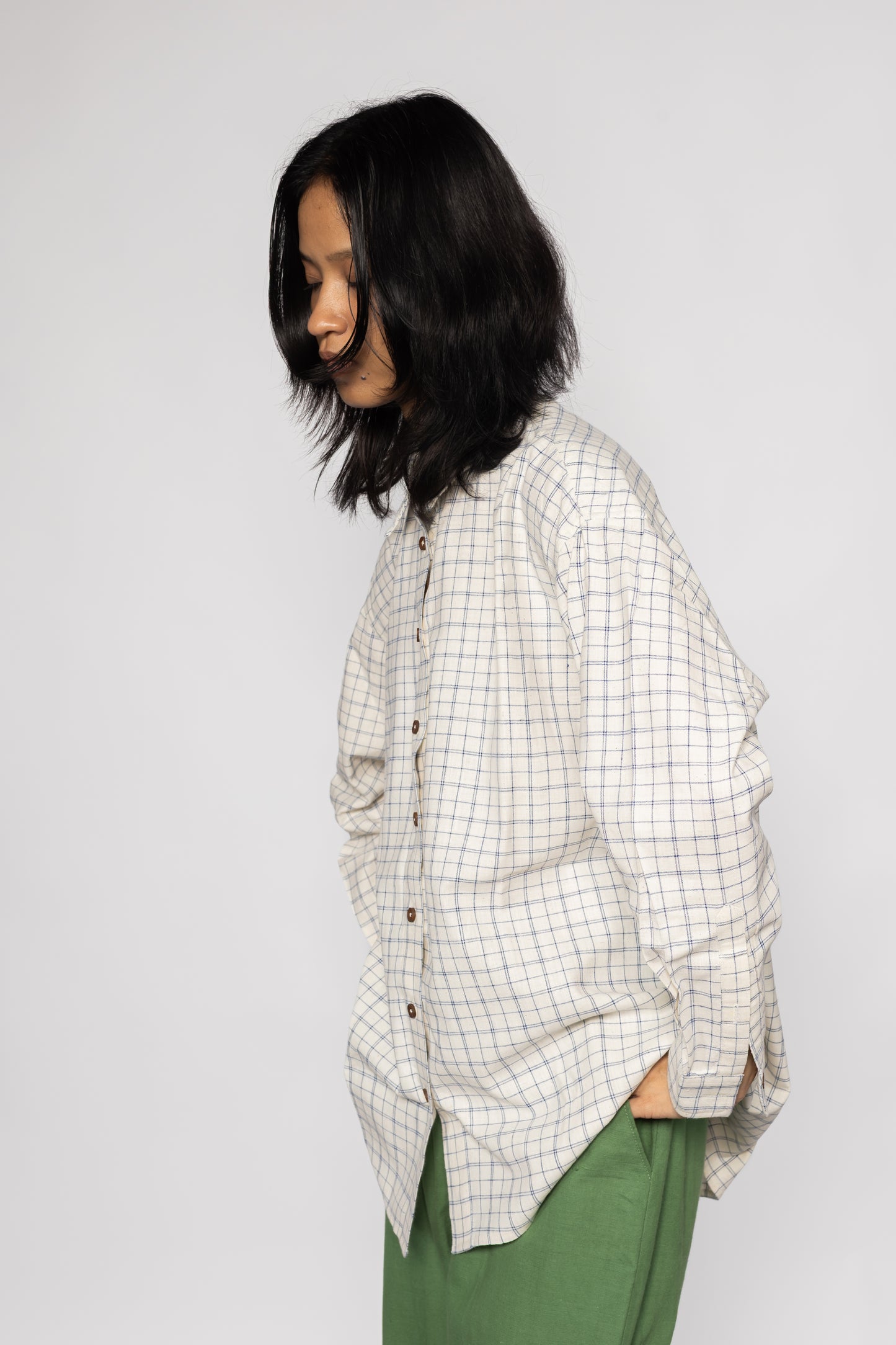 Plains Design Letter Shirt – three quarter close-up showing collar and handwoven check cotton texture